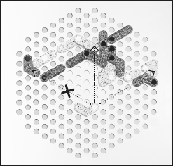 Obrázek 3a: Šipky ukazují, kam je možné naskočit označenými kameny. Přitom je třeba dbát na to, že není možné skočit na kameny vlevo, protože PÜNCT nesmí zůstat ležet na kameni protivníka.